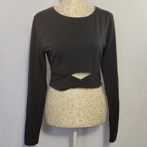 Victoria Sport Grey Long Sleeve Sheer Back Twist Front Cutout Crop Sports Top